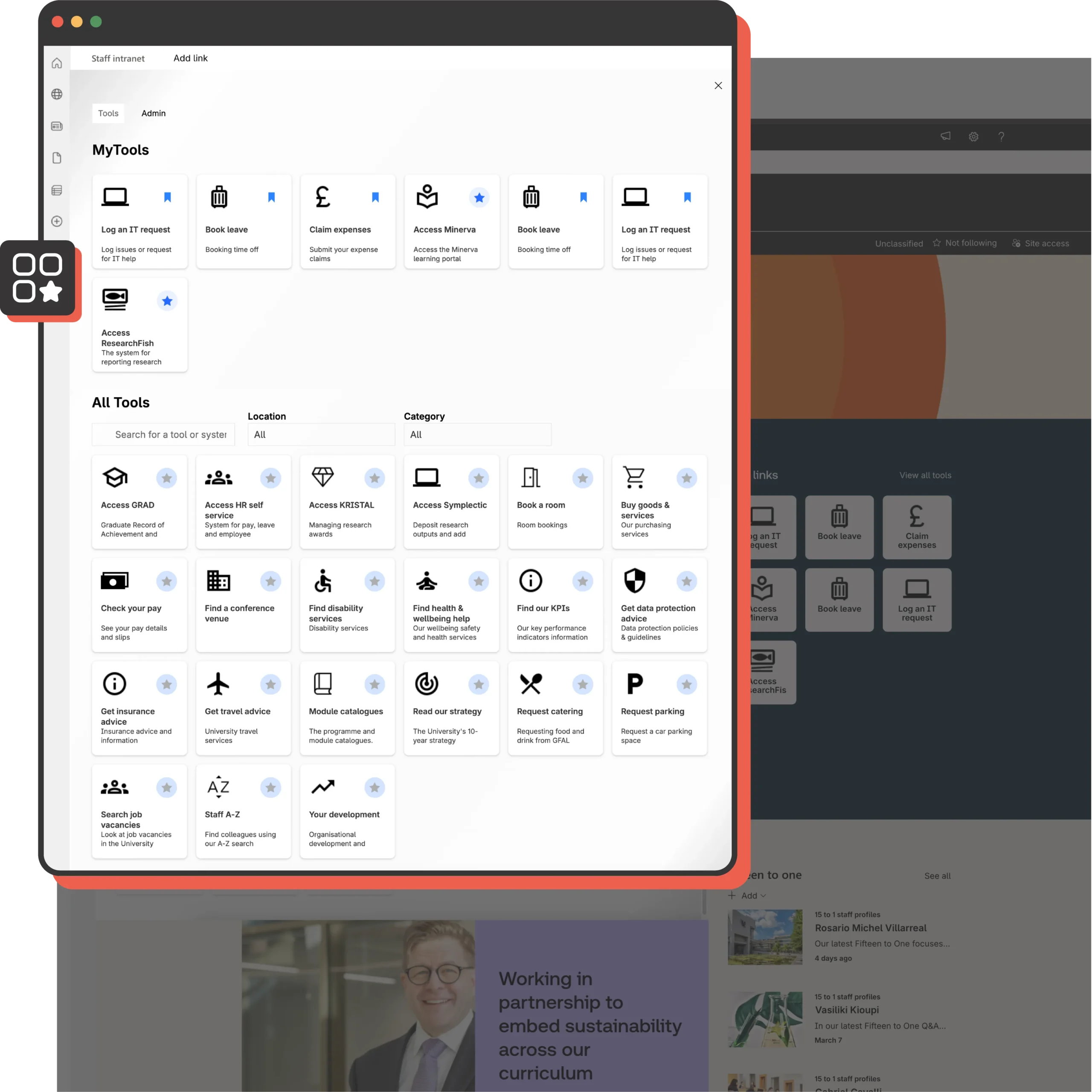 Example showing personalised access to company tools in SharePoint