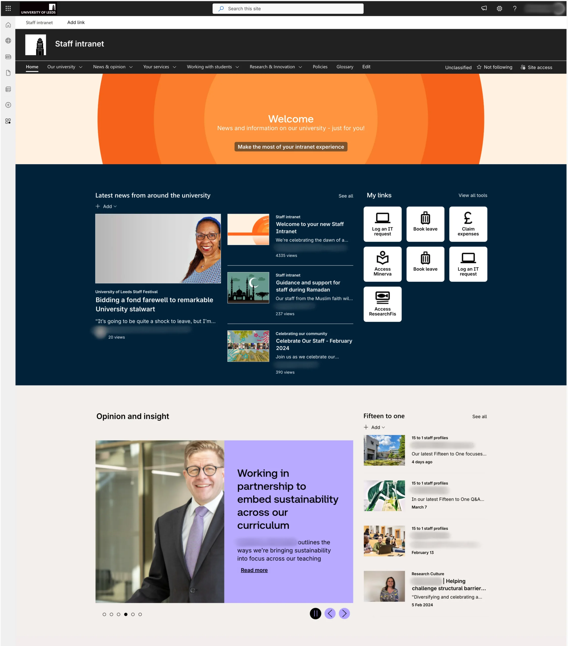 University of Leeds intranet homepage in SharePoint