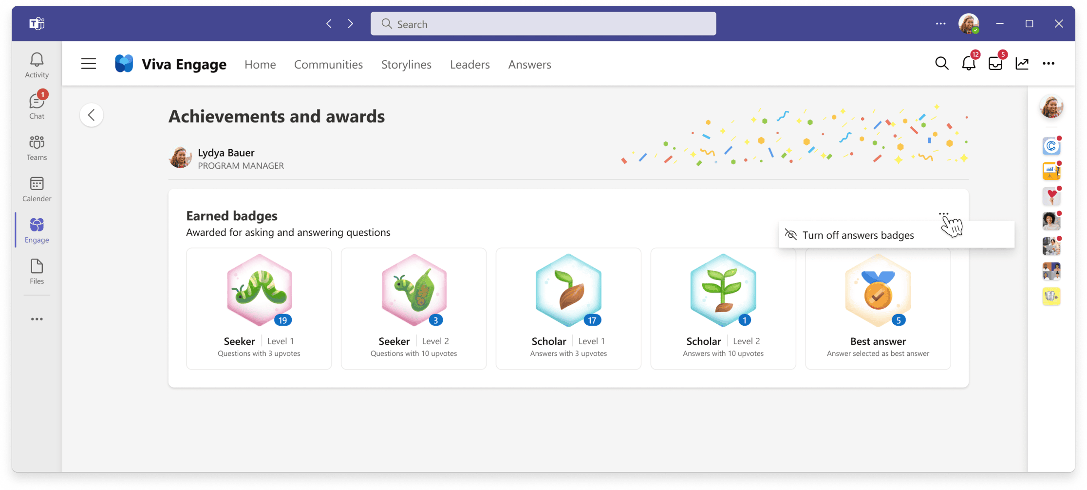 Example of praise and badges in Viva Engage